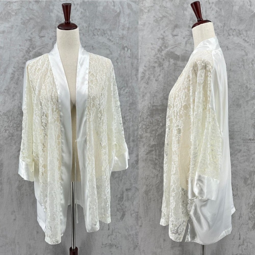 Victoria's Secret Vintage 80s Ivory Lace Kimono Robe Sheer Satin Womens One Size